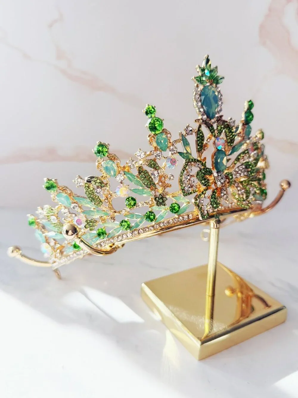 Green Peacock Crystal Tiara Gold Tone Rhinestone Crown Wedding Pageant Prom